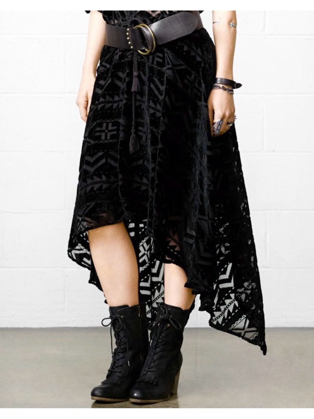 Denim & Supply Ralph Lauren Black Burnout Velvet Handkerchief Skirt M Boho - Picture 2 of 11